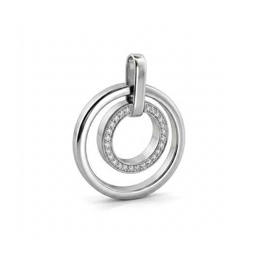 Comprar colgante medalla de oro blanco con dos circulos, uno de ellos lleva 23 diamantes.