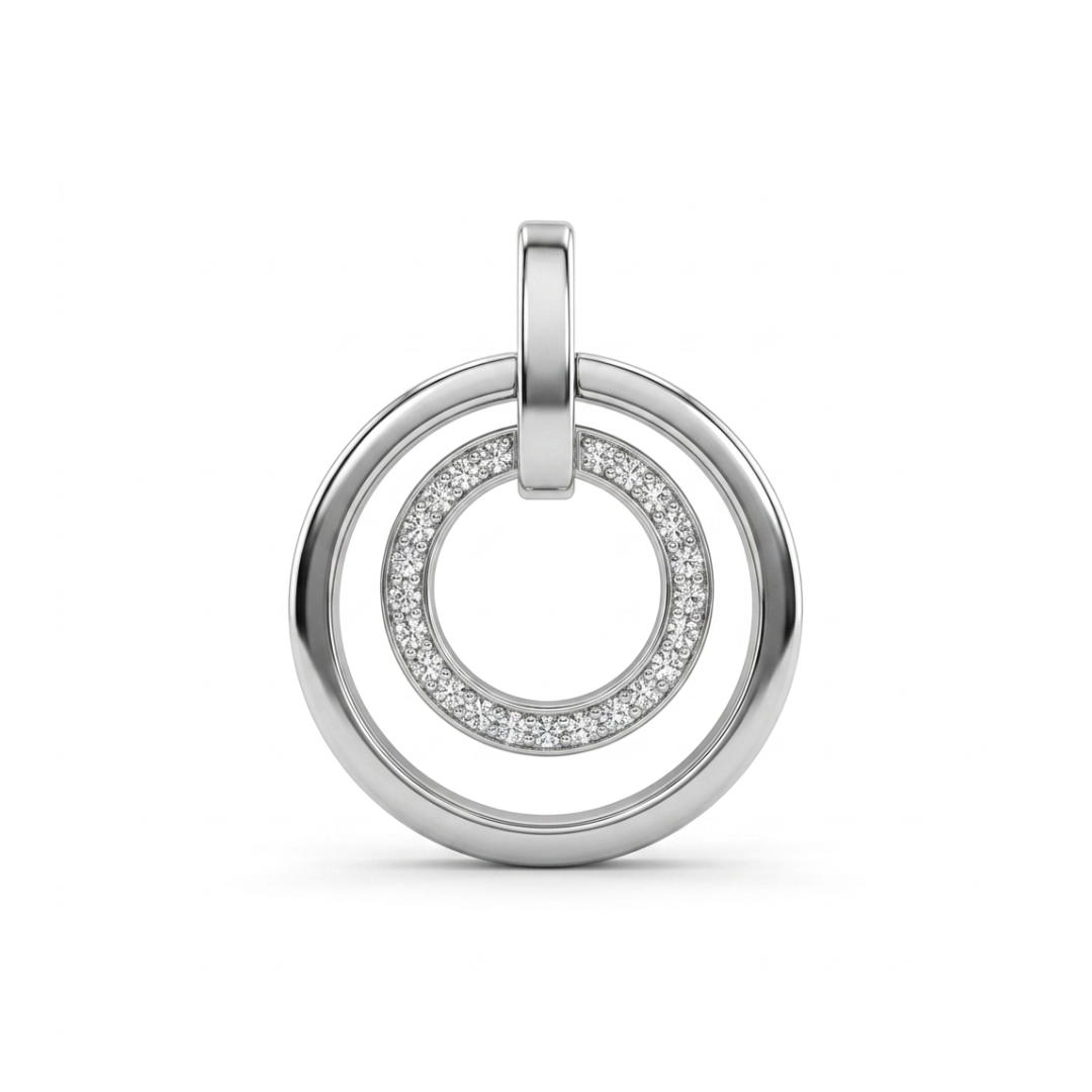 Comprar colgante medalla de oro blanco con dos circulos, uno de ellos lleva 23 diamantes.