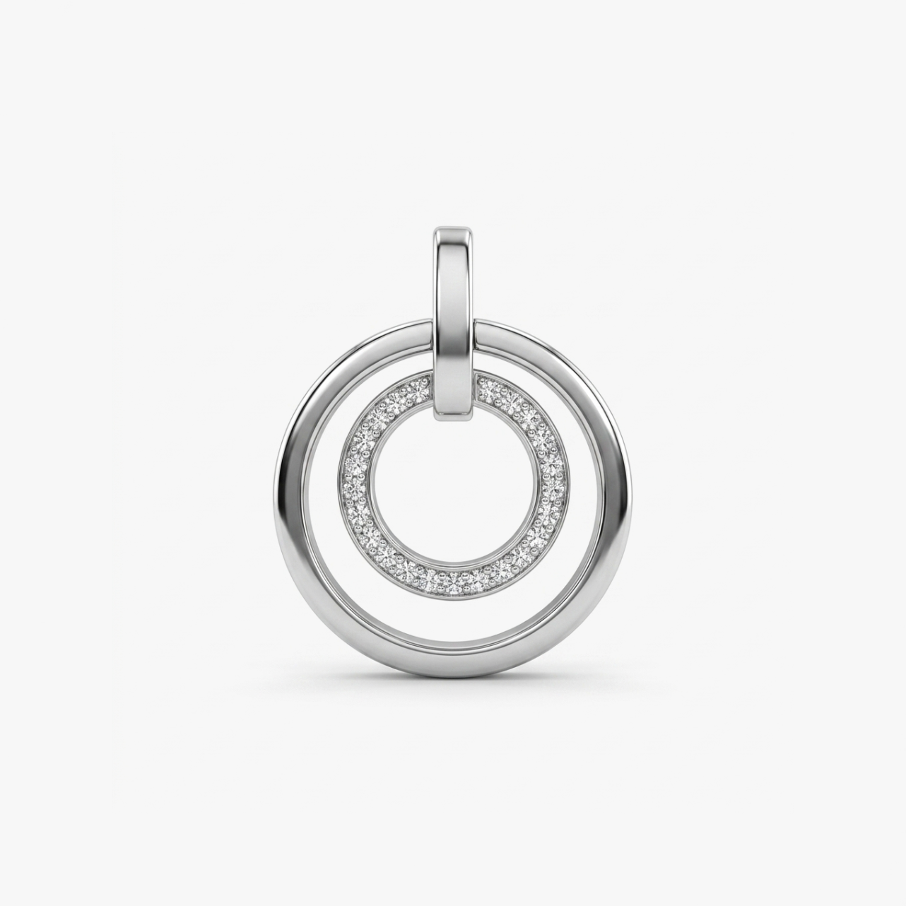 Comprar colgante medalla de oro blanco con dos circulos, con 23 diamantes. Joyas de segunda mano baratas en Barcelona. Envio gratis pieza certificada