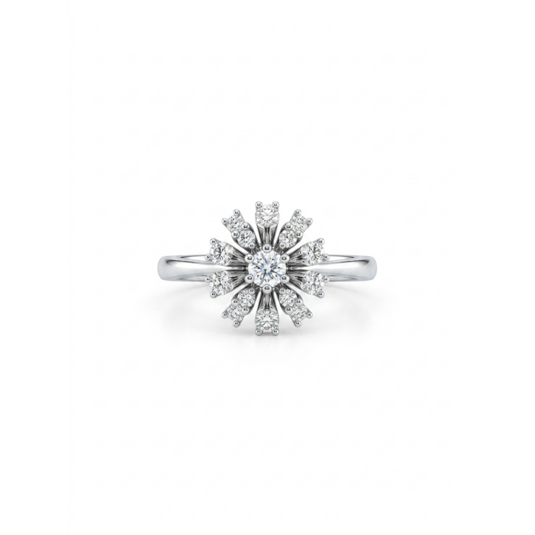 Comprar sortija realizada en oro blanco de 18kt con rosetón de diamantes talla brillante. Rosetón diamantes. joyas únicas de segunda mano. Joyería Ian'Or.