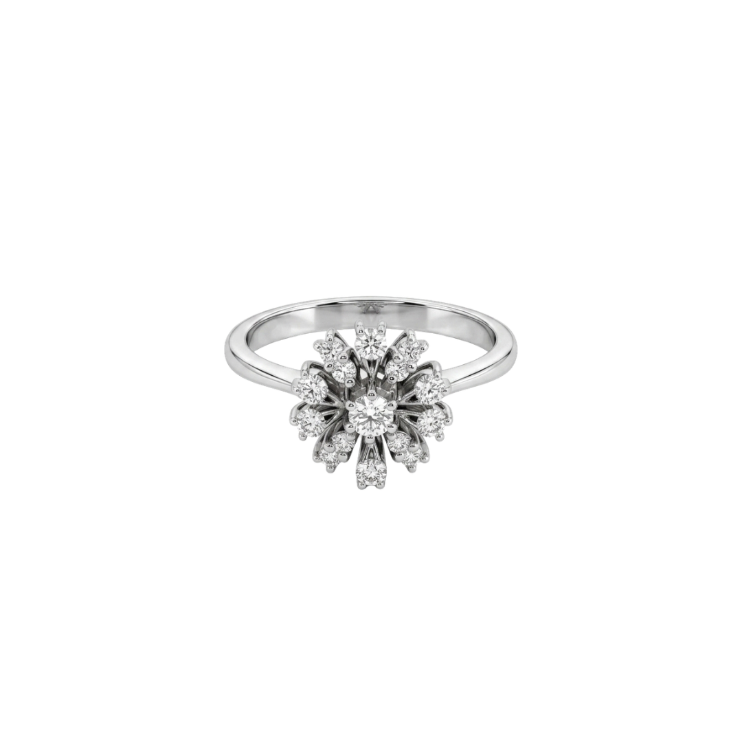 Comprar sortija realizada en oro blanco de 18kt con rosetón de diamantes talla brillante. Rosetón diamantes. joyas únicas de segunda mano. Joyería Ian'Or.