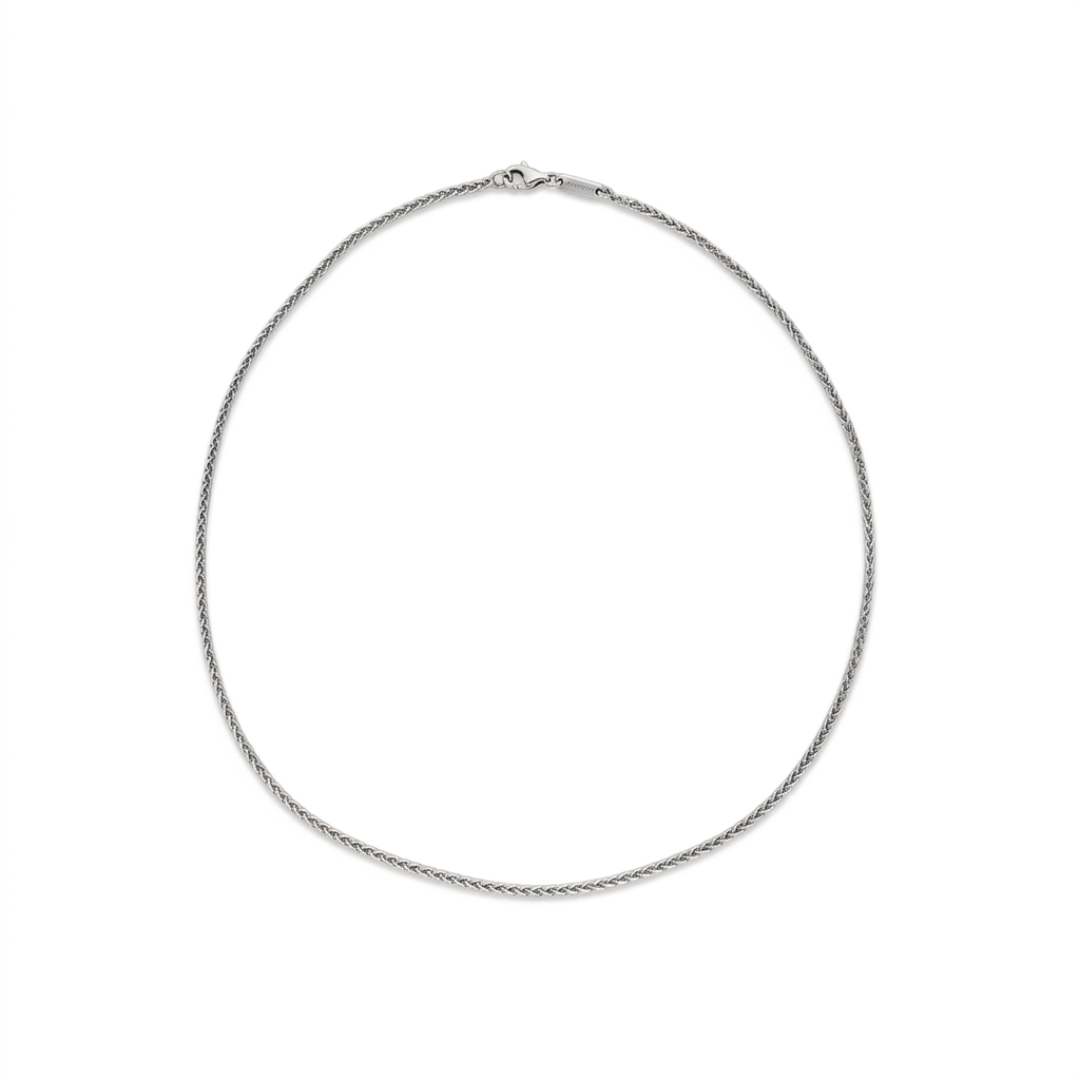 Cadena original de la firma Chopard realizada en oro blanco de 18kt de cordón con eslabones palmera. Joyas Chopard baratas. Cadenas Chopard con envío gratis.