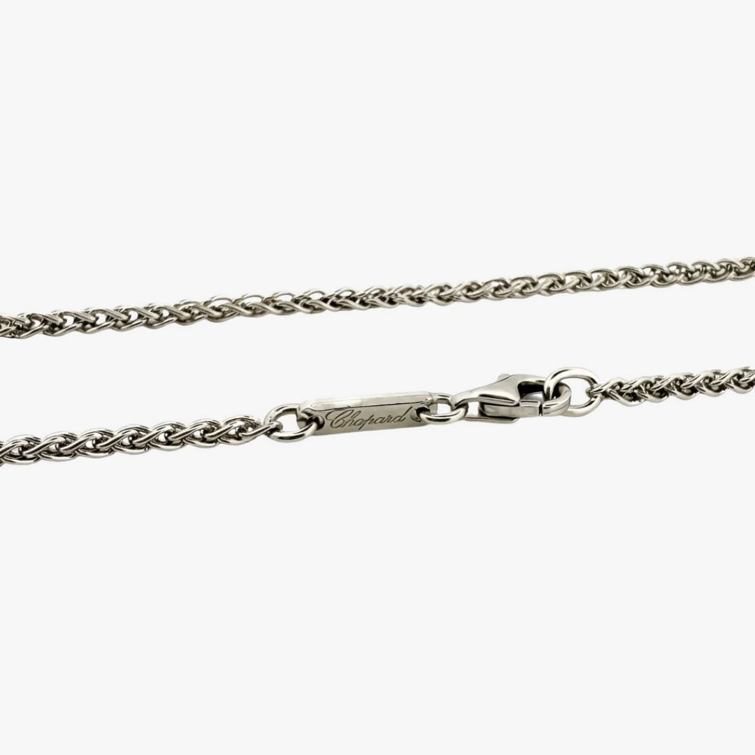 Cadena original de la firma Chopard realizada en oro blanco de 18kt de cordón con eslabones palmera. Joyas Chopard baratas. Cadenas Chopard con envío gratis.