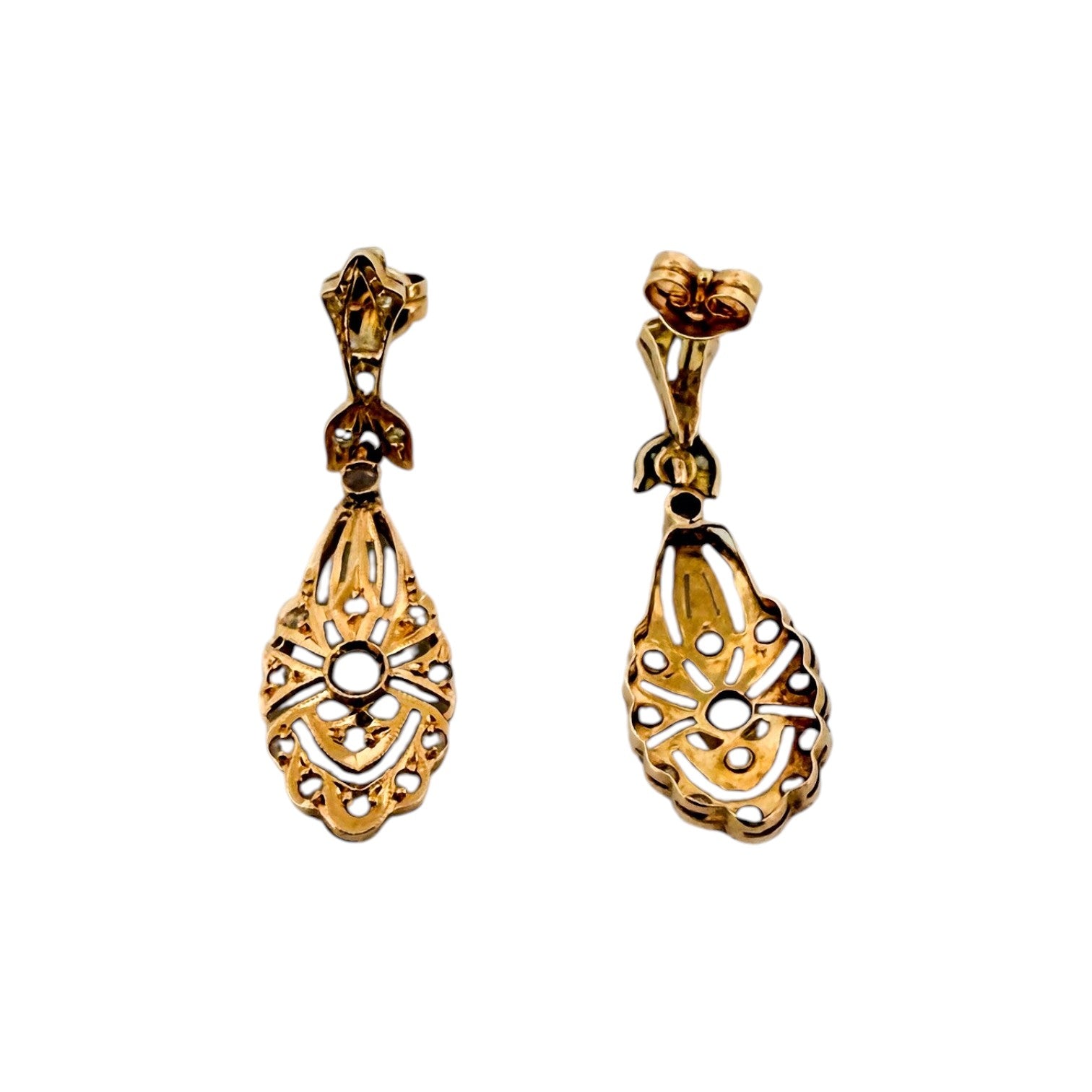 Comprar pendientes largos antiguos tipo art decó en oro amarillo de 18kt con 17 diamantes talla antigua en cada pendiente. Cierre tipo mosquetón. Joyas vintage. Envío GRATIS.