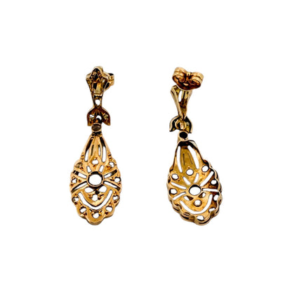 Comprar pendientes largos antiguos tipo art decó en oro amarillo de 18kt con 17 diamantes talla antigua en cada pendiente. Cierre tipo mosquetón. Joyas vintage. Envío GRATIS.