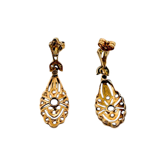 Comprar pendientes largos antiguos tipo art decó en oro amarillo de 18kt con 17 diamantes talla antigua en cada pendiente. Cierre tipo mosquetón. Joyas vintage. Envío GRATIS.