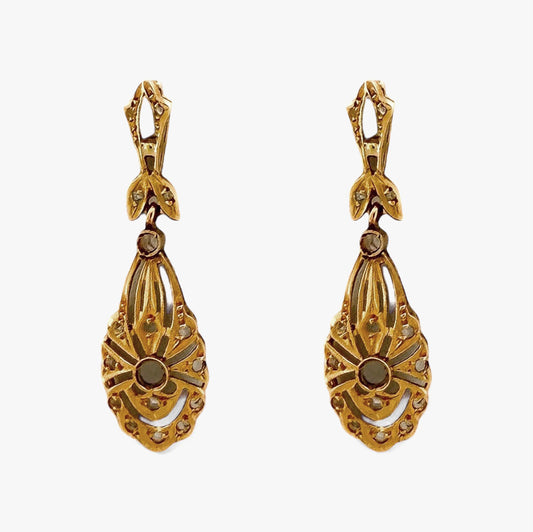 Comprar pendientes largos antiguos tipo art decó en oro amarillo de 18kt con 17 diamantes talla antigua en cada pendiente. Joyas vintage. Envío GRATIS.