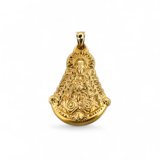 Comprar colgante con silueta de la Virgen del Rocío en oro amarillo de 18kt. El colgante mide 45mm de alto y 27mm de ancho. Joyas acondicionadas. Joyería Ian'Or