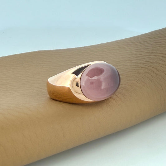 Comprar anillo ancho realizado en oro amarillo de 18kt con Quarzo rosa. Anillos de segunda mano. Joyas acondicionadas. Joyería Ian'Or. Envío GRATIS.

