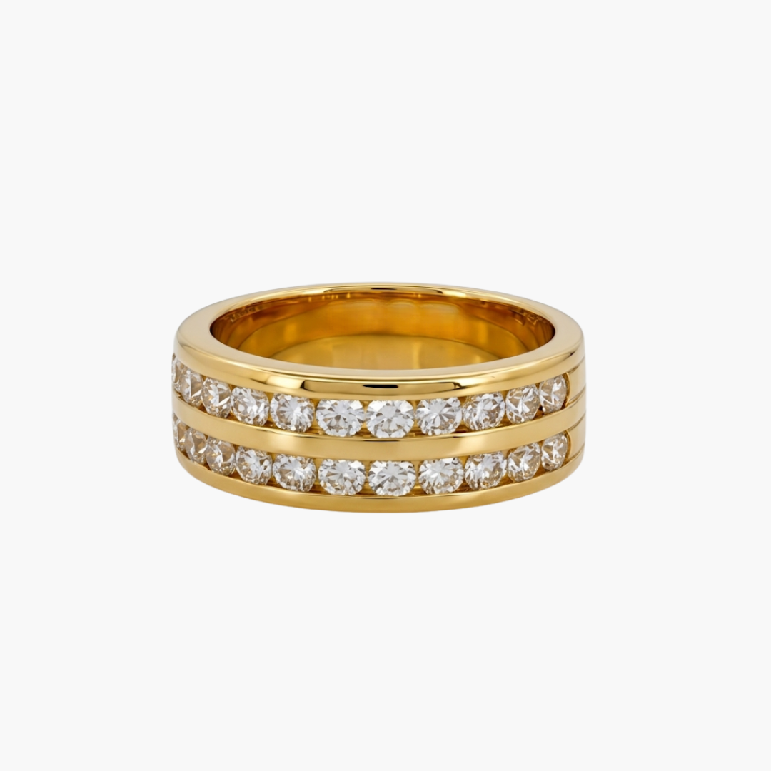 Comprar media alianza de dos carriles realizada en oro amarillo de 18kt con 22 diamantes talla brillante. Envío gratis. Joyería Ian'Or. Joyas con diamantes.