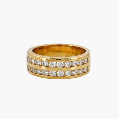 Comprar media alianza de dos carriles realizada en oro amarillo de 18kt con 22 diamantes talla brillante. Envío gratis. Joyería Ian'Or. Joyas con diamantes.