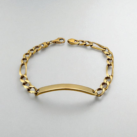 Pulsera no me olvides realizada oro amarillo de 18kt con cadena tipo cubana alterna 3x1 y una placa central. Pulseras de oro 18kt para hombre baratas
