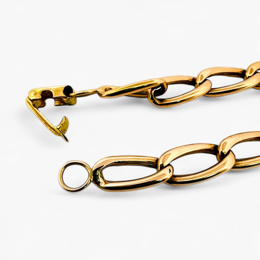 Comprar pulsera de cadena bilbaína en oro amarillo de 18Kt de 21cm de largo con eslabones alargado cierre mosquetón. Pieza certificada y envío gratuito