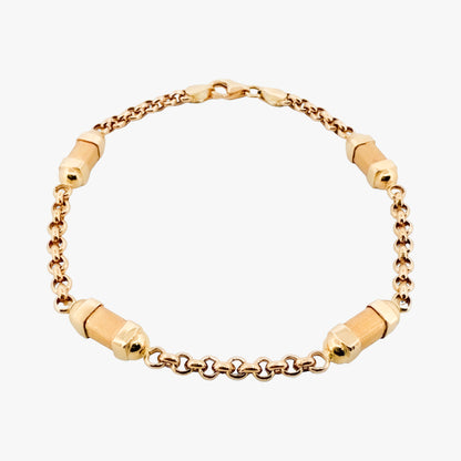 Pulsera oro amarillo de 18kt con cadena tipo rolo y 4 barriles alternos. La pulsera mide 20cm y 4,80mm de grosor. Pieza certificada y envío gratuito