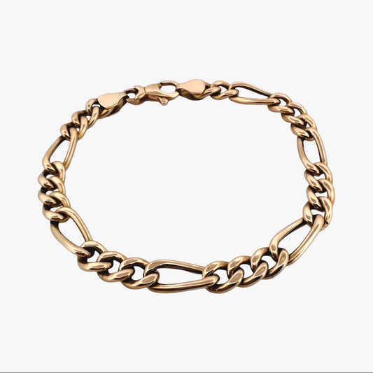 Pulsera oro amarillo de 18kt con cadena alterna. La cadena mide 19,5cm hace 11mm de grosor. Cierre tipo mosquetón.
