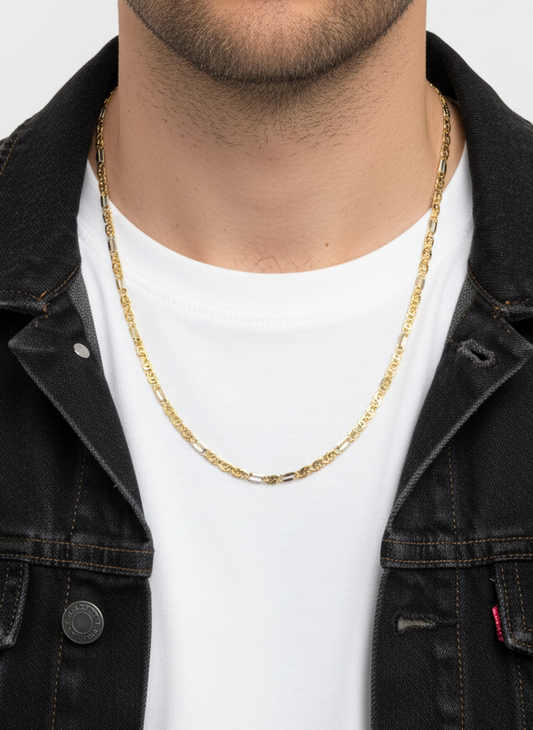 Comprar collar cadena eslabones ojo de lince, intercalando oro amarillo de 18kt y oro blanco y cierre tipo mosquetón. Joyería Ian'Or.