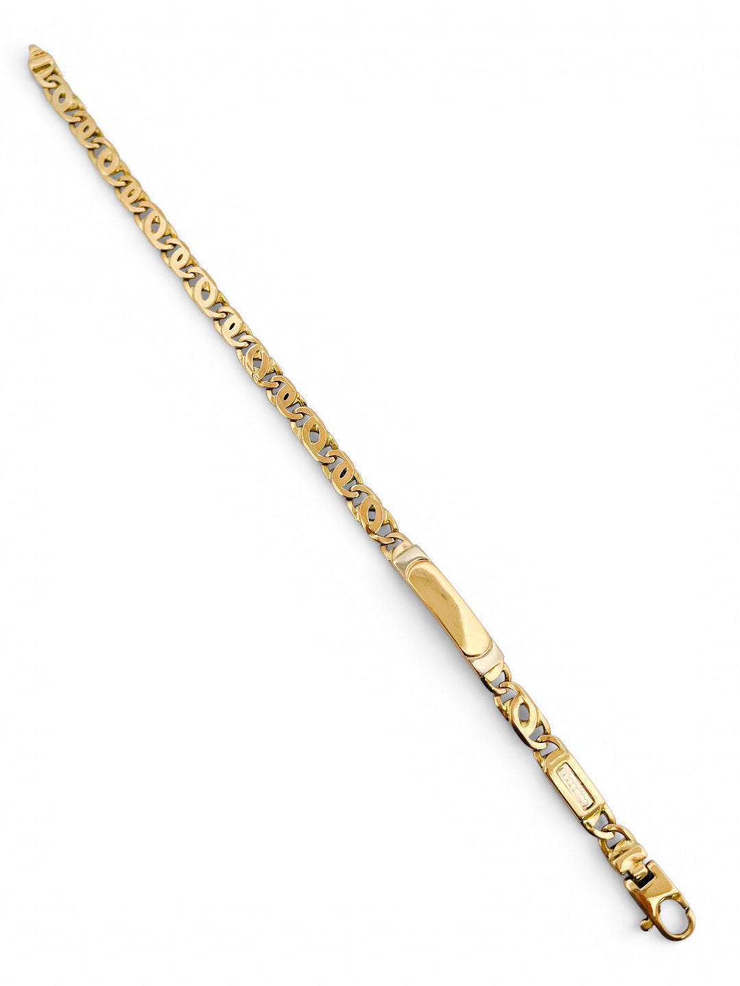 Comprar pulsera no me olvides realizada oro amarillo de 18kt con cadena tipo ojo de lince y una placa. Esta pulsera dispone de cierre tipo mosquetón.Esclavas de oro 18kt baratas.