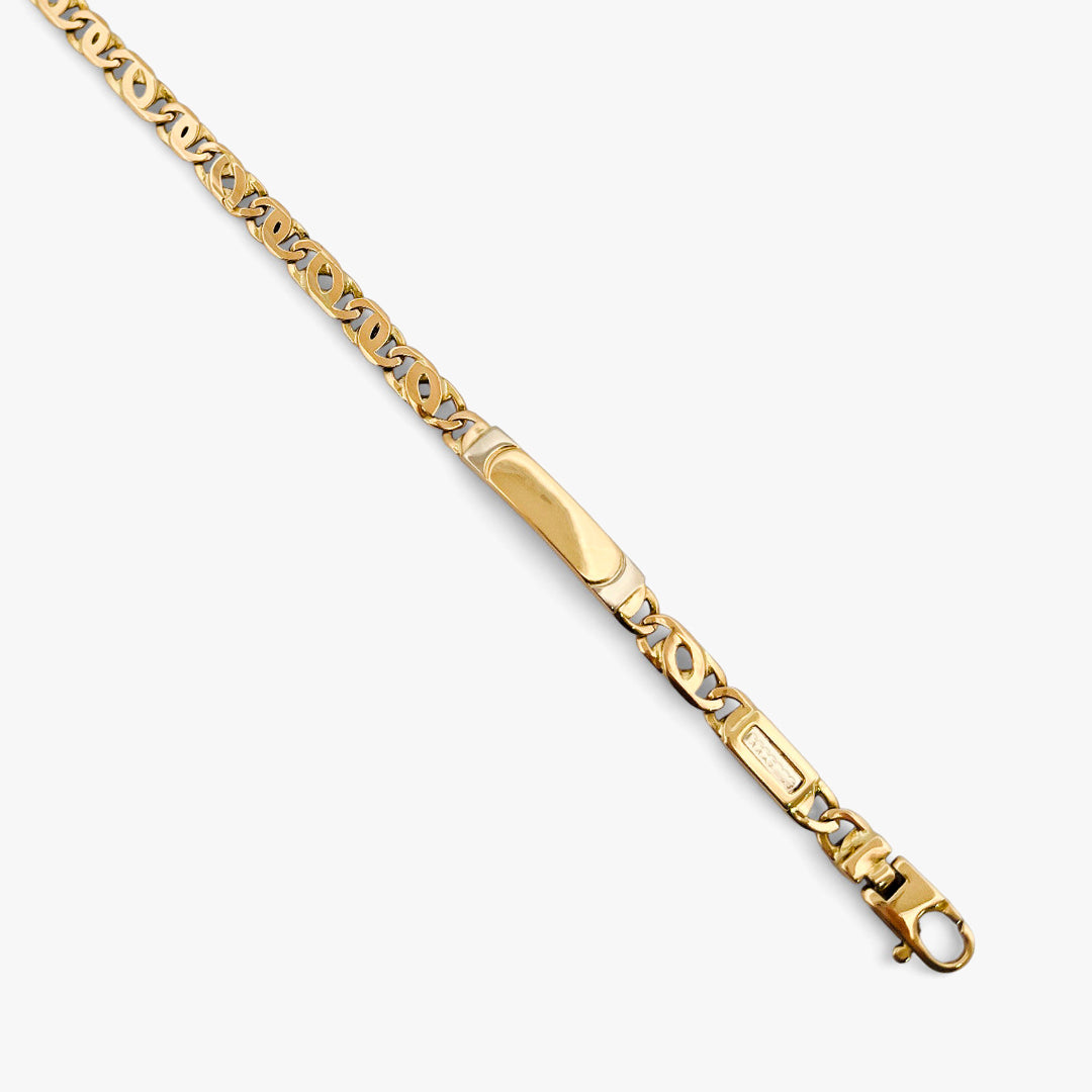 Comprar pulsera no me olvides realizada oro amarillo de 18kt con cadena tipo ojo de lince y una placa. Cierre tipo mosquetón. Pulseras de oro 18kt baratas.