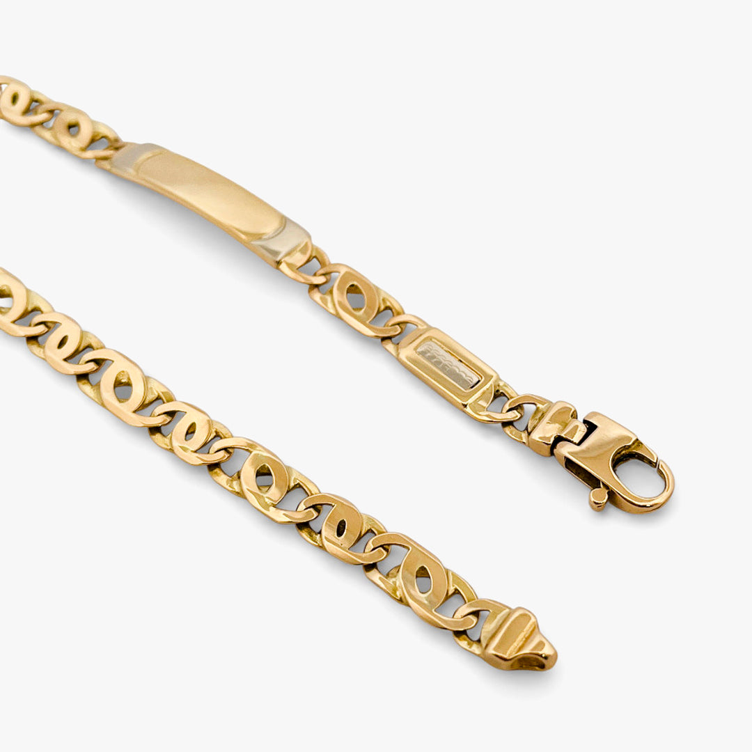 Comprar pulsera no me olvides realizada oro amarillo de 18kt con cadena tipo ojo de lince y una placa. Cierre tipo mosquetón. Pulseras de oro 18kt baratas.
