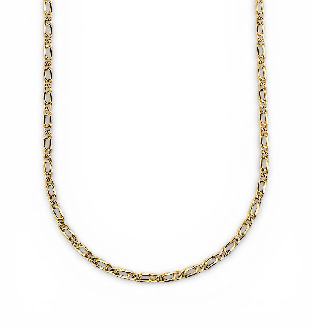 Comprar cadena realizada en oro amarillo de 18kt con eslabones ojo de tigre y cierre tipo mosquetón. Joyas restauradas. Cadenas de oro de 18kt