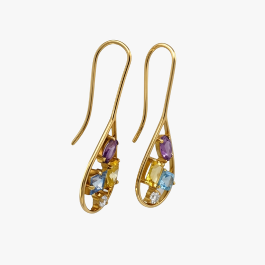 Comprar pendientes de oro amarillo de 18kt en forma de gota con 4 circonitas de diferentes colores en cada pendiente. Joyas de segunda mano. Joyas restauradas. Envío gratis.