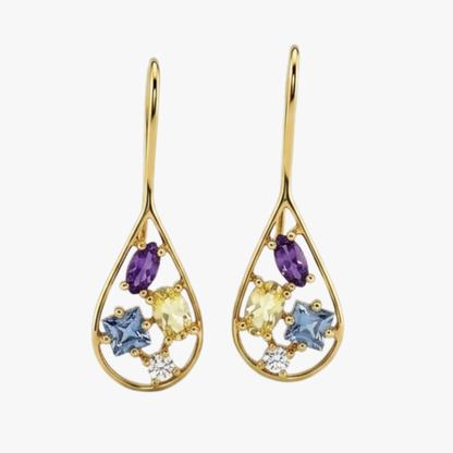 Comprar pendientes de oro amarillo de 18kt en forma de gota con 4 circonitas de diferentes colores en cada pendiente. Joyas de segunda mano. Joyas restauradas. Envío gratis.