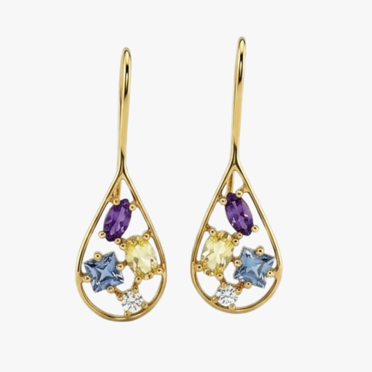 Comprar pendientes de oro amarillo de 18kt en forma de gota con 4 circonitas de diferentes colores en cada pendiente. Joyas de segunda mano. Joyas restauradas. Envío gratis.