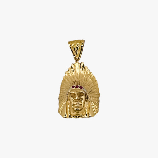 Comprar colgante medalla con cabeza de indio realizado en oro amarillo de 18kt con rubís. Colgantes de oro indios baratos. Pieza certificada y envío gratuito