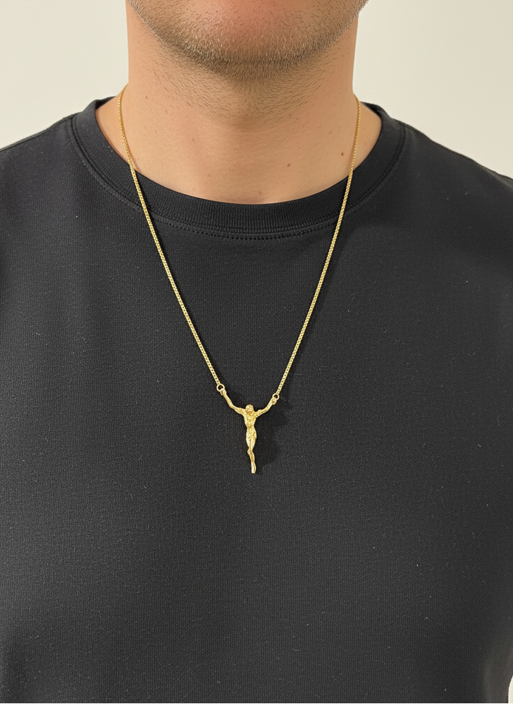 Collar Cristo de Dali realizada en oro amarillo de 18kt con cadena tipo veneciana de 1,75mm y cierre tipo reasa. Cristo de oro 18kt baratos.