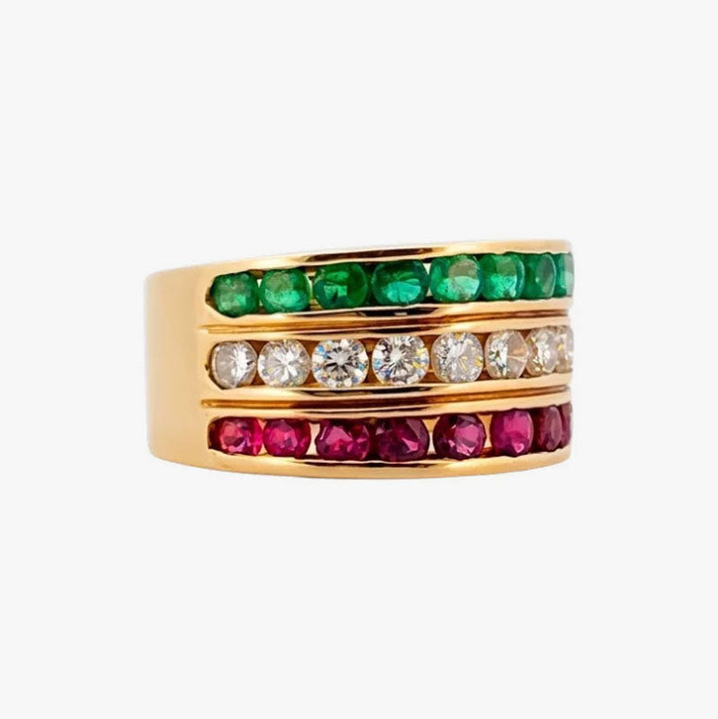 Comprar sortija ancha de oro amarillo de 18kt con 3 tiras una con rubíes, otra con diamantes y la última con esmeraldas. Anillos al mejor precio en Barcelona.

