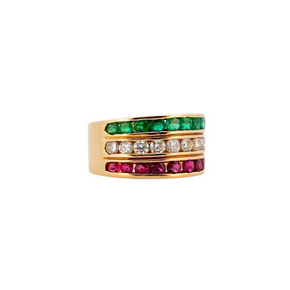 Comprar sortija ancha de oro amarillo de 18kt con 3 tiras una con rubíes, otra con diamantes y la última con esmeraldas. Anillos al mejor precio en Barcelona.
