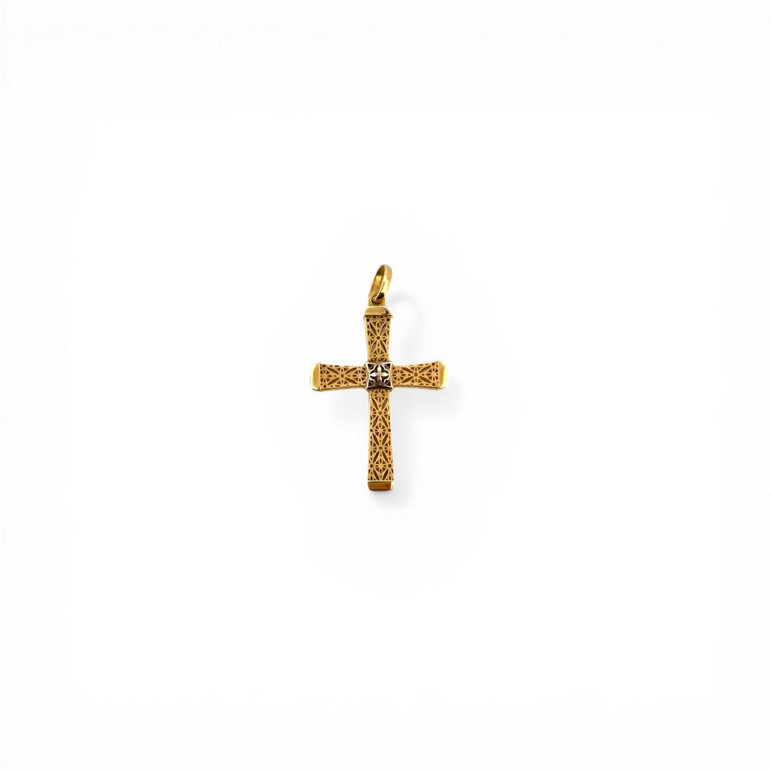 Comprar colgante en forma de cruz realizada en oro amarillo de 18kt con grabado de filigrana. Una preciosa cruz unisex.Cruces de oro y diamantes 18kt baratas