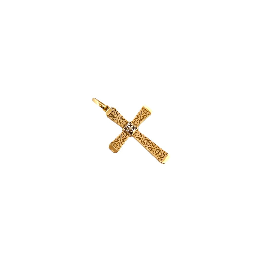 Comprar colgante en forma de cruz realizada en oro amarillo de 18kt con grabado de filigrana. Una preciosa cruz unisex.Cruces de oro y diamantes 18kt baratas