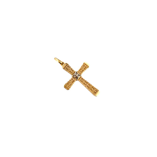 Comprar colgante en forma de cruz realizada en oro amarillo de 18kt con grabado de filigrana. Una preciosa cruz unisex.Cruces de oro y diamantes 18kt baratas