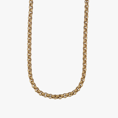 Comprar collar de oro amarillo de 18kt con cadena tipo rolo hueca. Dispone de un cierre tipo reasa. La cadena mide 45cm largo y con un grosor de 7,80mm. Joyería Ian'or, dónde comprar y vender oro al mejor precio en Barcelona. Joyas de segunda mano y restauradas en Barcelona.