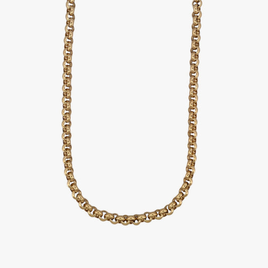 Comprar collar de oro amarillo de 18kt con cadena tipo rolo hueca. Dispone de un cierre tipo reasa. La cadena mide 45cm largo y con un grosor de 7,80mm. Joyería Ian'or, dónde comprar y vender oro al mejor precio en Barcelona. Joyas de segunda mano y restauradas en Barcelona.