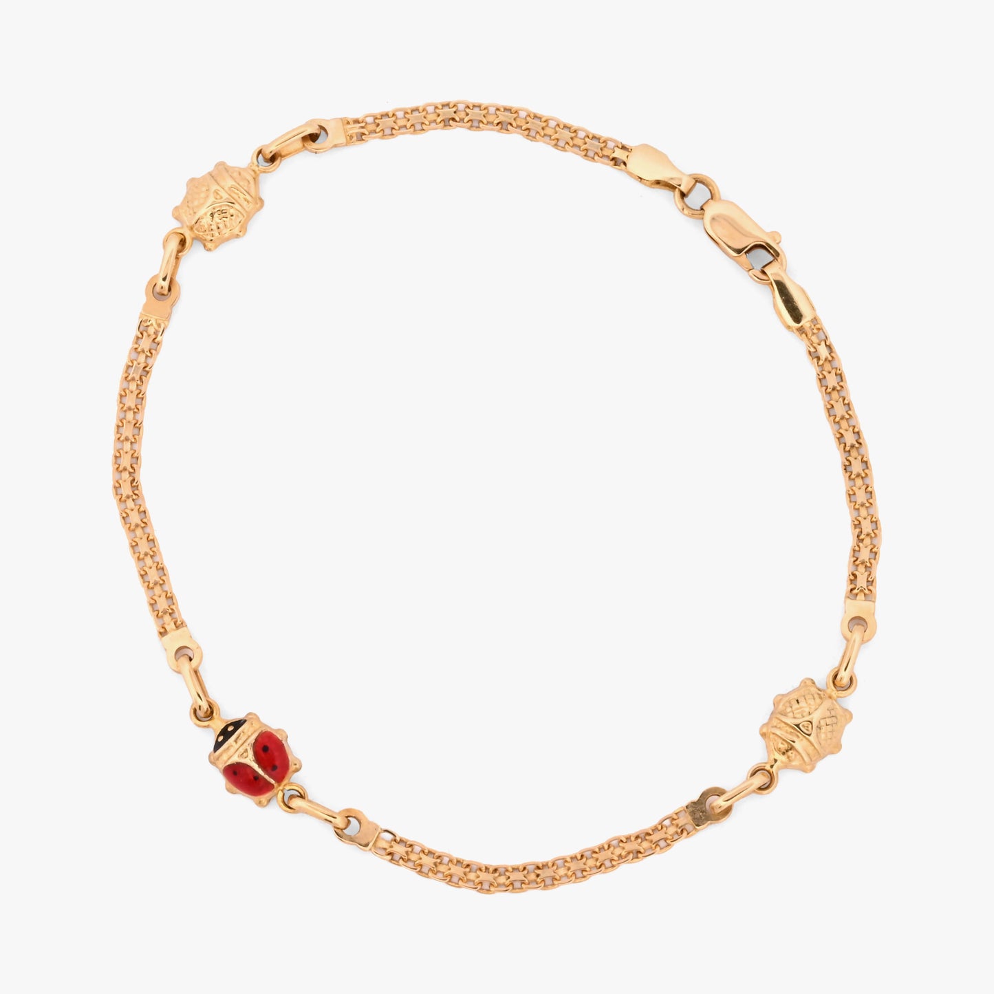 comprar Pulsera bismark de oro amarillo de 18Kt y cierre tipo mosquetón con tres mariquitas con esmalte rojo y negro. Envío gratuito