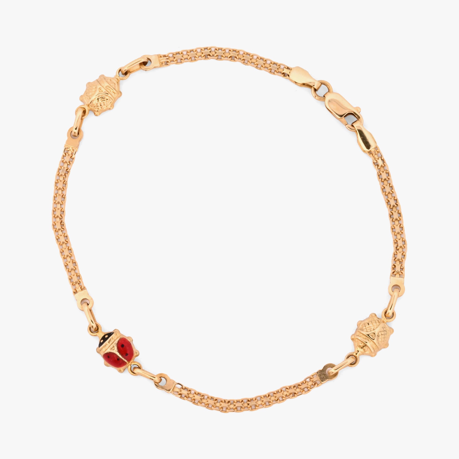 comprar Pulsera bismark de oro amarillo de 18Kt y cierre tipo mosquetón con tres mariquitas con esmalte rojo y negro. Envío gratuito