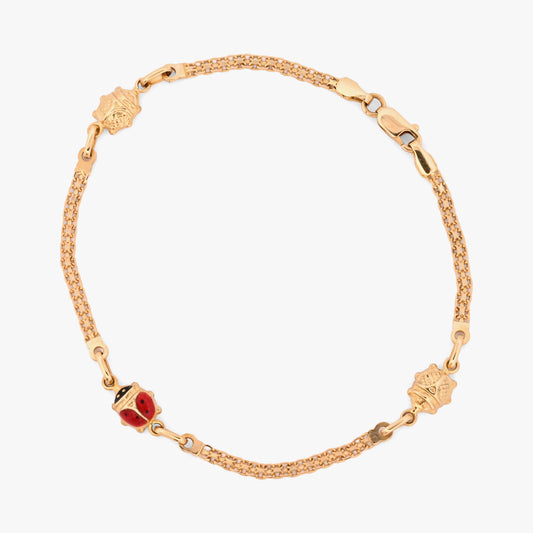 comprar Pulsera bismark de oro amarillo de 18Kt y cierre tipo mosquetón con tres mariquitas con esmalte rojo y negro. Envío gratuito