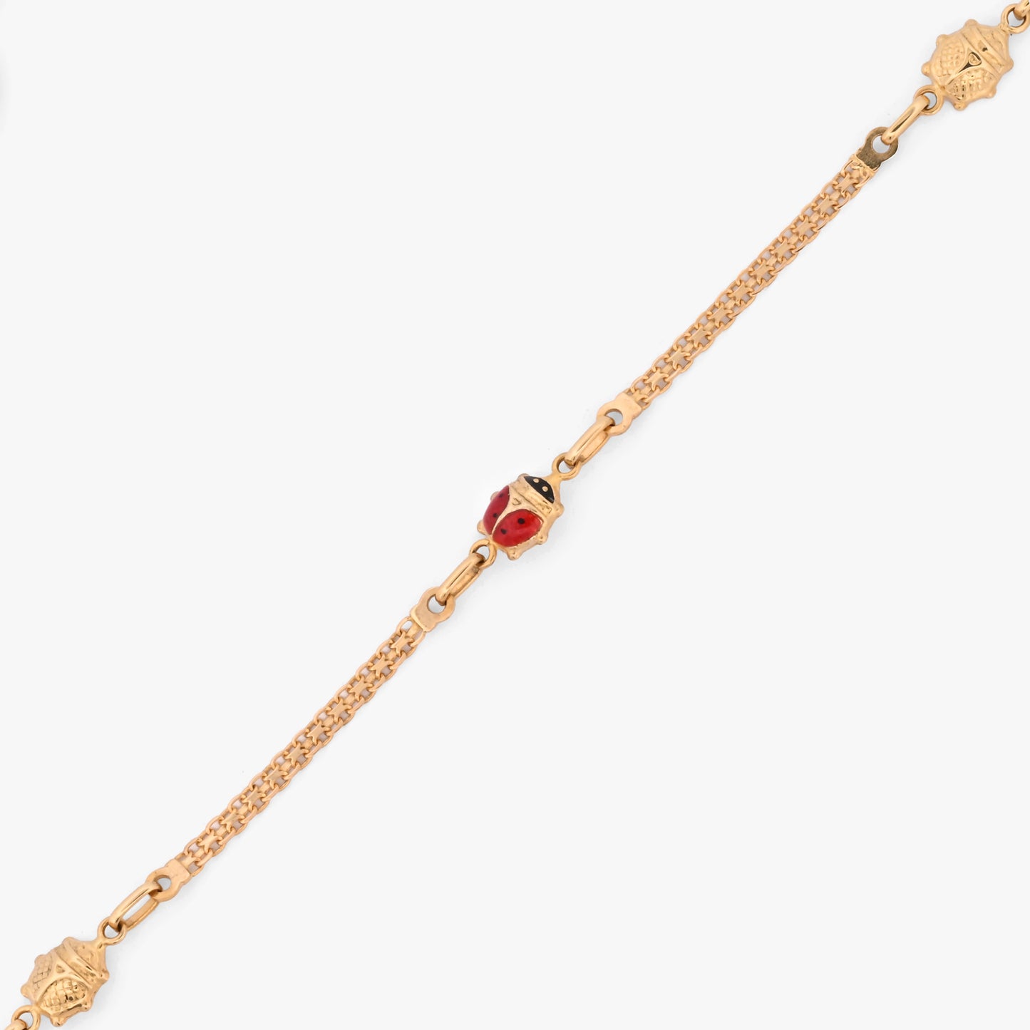 comprar Pulsera bismark de oro amarillo de 18Kt y cierre tipo mosquetón con tres mariquitas con esmalte rojo y negro. Envío gratuito