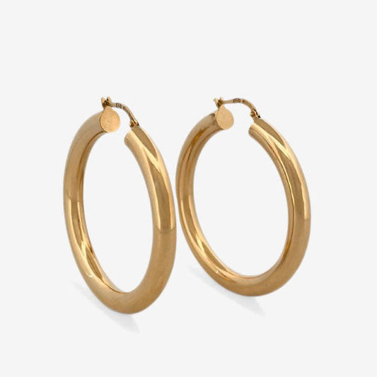 Comprar pendientes aro de oro amarillo de 18kt de 32mm de diámetro y 4,96mm de grosor. Estos pendientes disponen de cierre tipo criolla. Joyería Ian'Or. Envío gratis. 