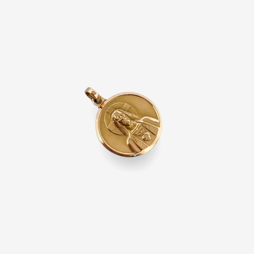 Comprar colgante medalla tipo escapulario realizado en oro amarillo de 18kt con grabado de la Virgen del Carmen y el corazón de Jesús.Joyas de oro al mejor precio