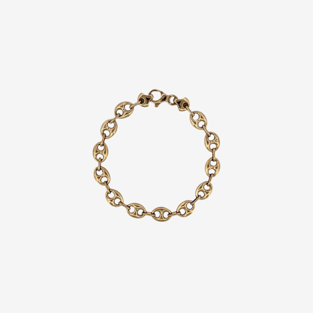 Comprar pulsera de oro de 18kt con cadena tipo calabrote hueca de 9,26mm de grosor y 21,5 cm de largo. Esta pulsera dispone de cierre tipo mosquetón.
Pulseras grano de café calabrote baratas
