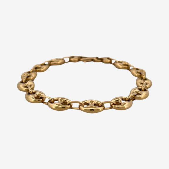 Comprar pulsera de oro de 18kt con cadena tipo calabrote hueca de 9,26mm de grosor y 21,5 cm de largo. Esta pulsera dispone de cierre tipo mosquetón.
Pulseras grano de café calabrote baratas
