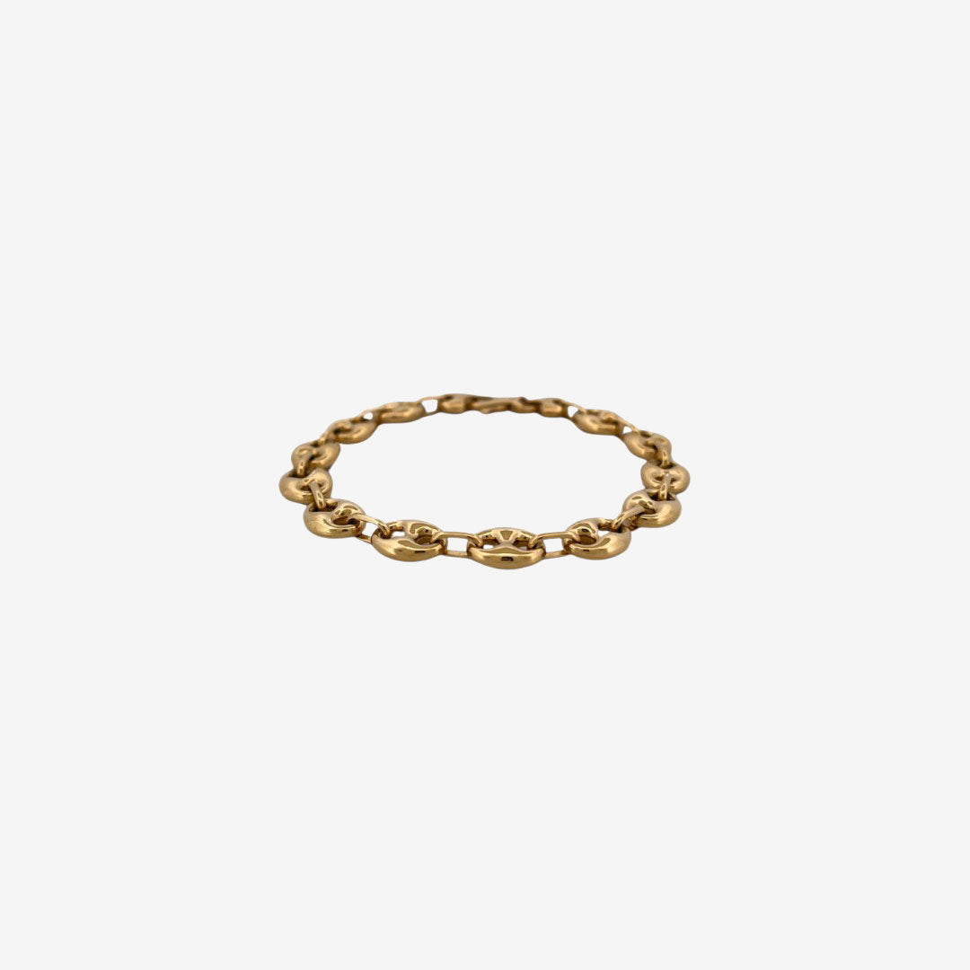 Comprar pulsera de oro de 18kt con cadena tipo calabrote hueca de 9,26mm de grosor y 21,5 cm de largo. Esta pulsera dispone de cierre tipo mosquetón.
Pulseras grano de café calabrote baratas