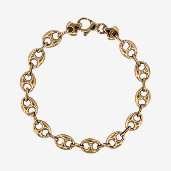Comprar pulsera de oro de 18kt con cadena tipo calabrote hueca de 9,26mm de grosor y 21,5 cm de largo. Esta pulsera dispone de cierre tipo mosquetón.
Pulseras grano de café calabrote baratas