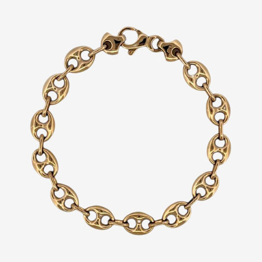 Comprar pulsera de oro de 18kt con cadena tipo calabrote hueca de 9,26mm de grosor y 21,5 cm de largo. Esta pulsera dispone de cierre tipo mosquetón.
Pulseras grano de café calabrote baratas