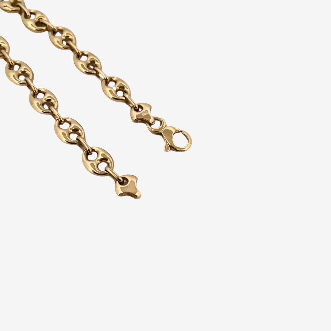Comprar pulsera de oro de 18kt con cadena tipo calabrote hueca de 9,26mm de grosor y 21,5 cm de largo. Esta pulsera dispone de cierre tipo mosquetón.
Pulseras grano de café calabrote baratas