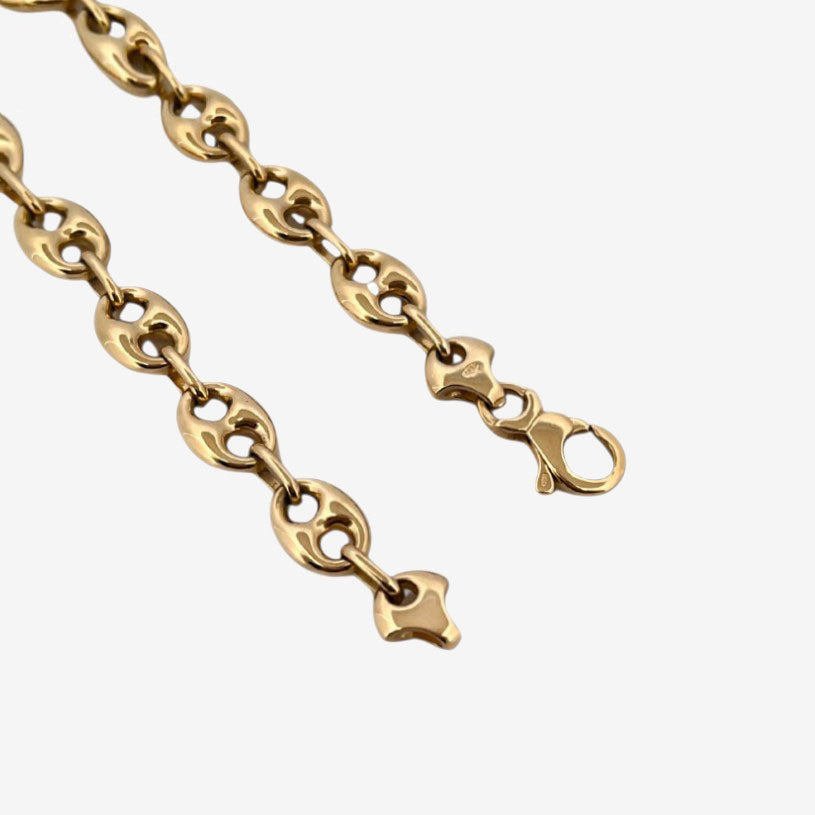 Comprar pulsera de oro de 18kt con cadena tipo calabrote hueca de 9,26mm de grosor y 21,5 cm de largo. Esta pulsera dispone de cierre tipo mosquetón.
Pulseras grano de café calabrote baratas