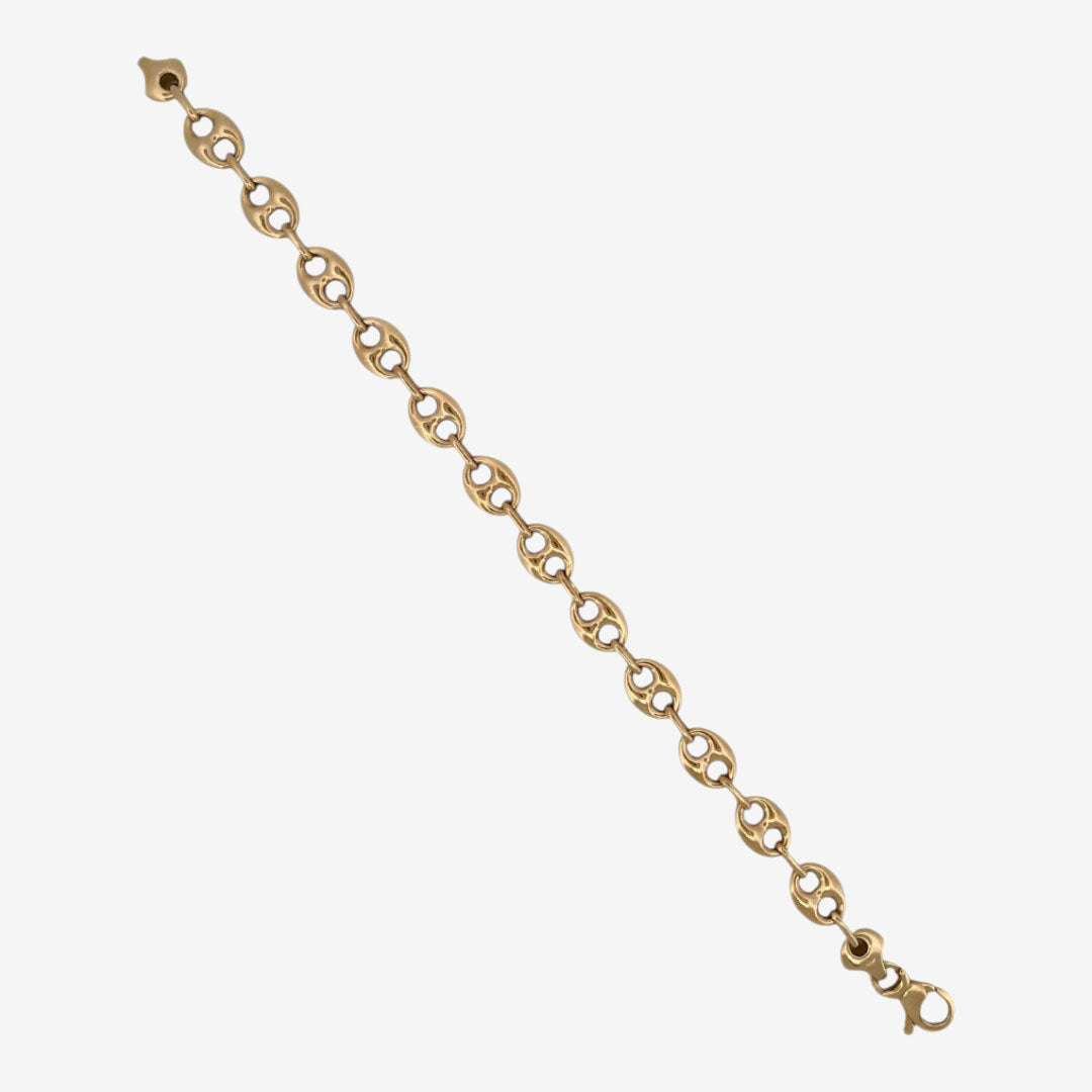 Comprar pulsera de oro de 18kt con cadena tipo calabrote hueca de 9,26mm de grosor y 21,5 cm de largo. Esta pulsera dispone de cierre tipo mosquetón.
Pulseras grano de café calabrote baratas